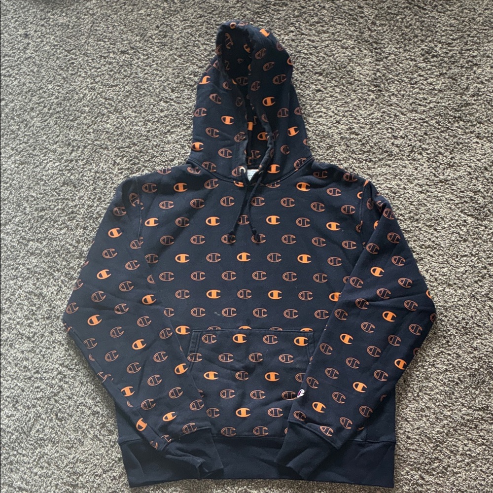 Champion Navy Hoodie with Orange Logo Allover Print